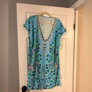 Lilly Pulitzer Talli Tropical V-Neck Swim Cover-Up in Blue Mosaic Shells Sz XL